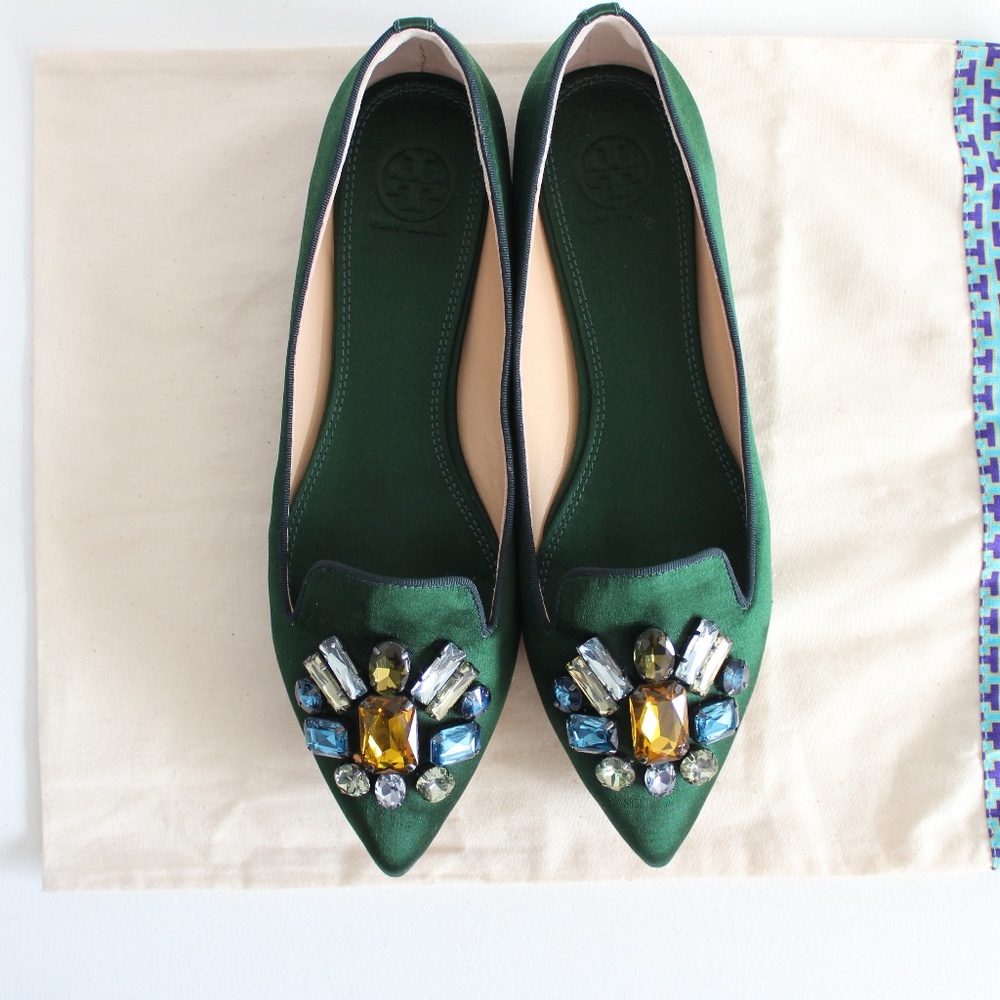 Tory Burch Mayada Emerald Satin Smoking Flats 10M - Picture 1 of 8